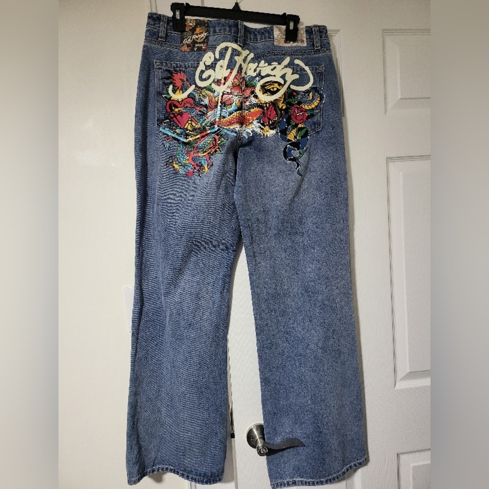 Ed Hardy Women’s Baggy Jeans Wide Leg High Rise Size 30 32 Dragon Heart Y2K 90’s